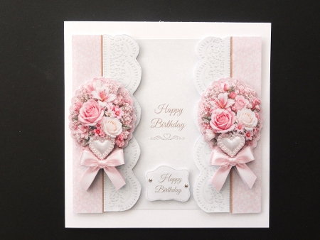 Pink & White Roses Lace Birthday Card Topper by Valerie Spowart
