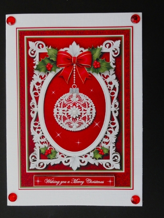 Pair of A5 red framed Christmas decorations quick card fronts. by Valerie Spowart