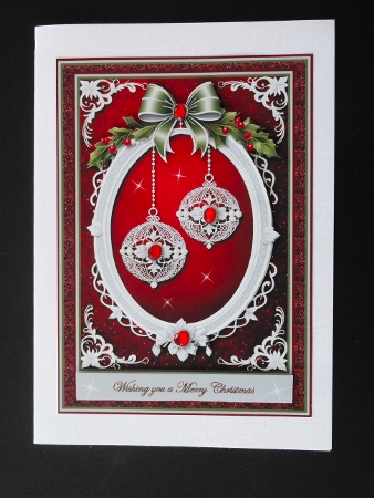 Pair of A5 red framed Christmas decorations quick card fronts. by Valerie Spowart