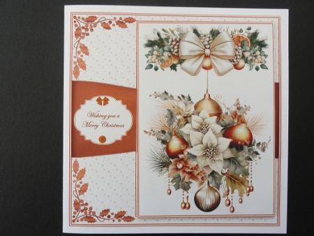 8 x 8 gold baubles & white poinsettia quick card front. by Valerie Spowart