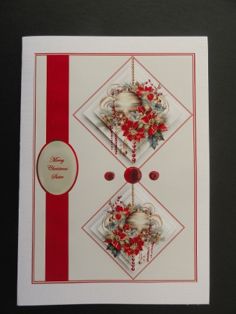 A5 Christmas baubles & poinsettia step by step card front. by Valerie Spowart