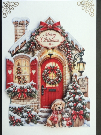 Let It Snow Cozy Christmas Cottage with Puppy & Kitten by Valerie Spowart