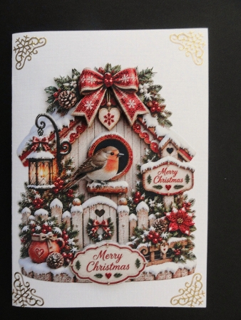 Christmas Birdhouse & Robin • Rustic Winter Florals by Valerie Spowart