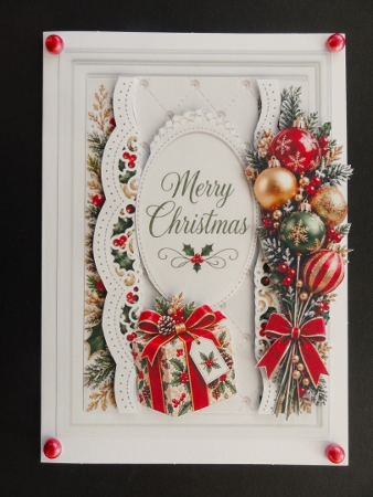 Elegant Christmas Oval Card • Poinsettia, Ornaments & Quilted Pearl Frame by Valerie Spowart