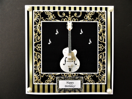 White Guitar 8x8 Black & Gold for Men & Women Card Topper by Valerie Spowart