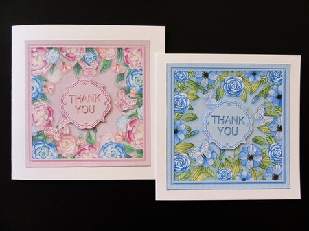 Blue and Pink Floral with Butterflies 5in x 5in Card Fronts by Valerie Spowart