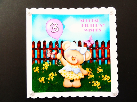 Teddy bear birthday card with balloon and ages 2,3,4 & 5 by Valerie Spowart
