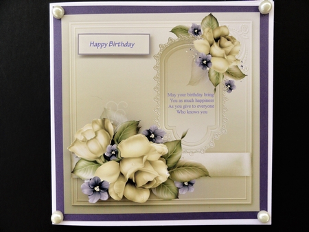 Cream rose 7.5x 7.5 card with decoupage, verse and sentiment tags by Valerie Spowart