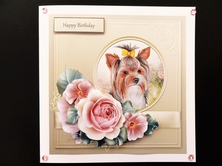 Yorkshire terrier and roses 7x7 card with decoupage by Valerie Spowart