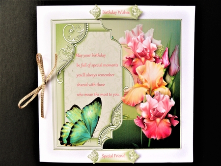 Iris and butterfly 7x7 card with decoupage and verse by Valerie Spowart