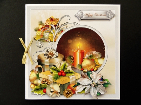 Christmas gifts and baubles 7x7 card with decoupage by Valerie Spowart