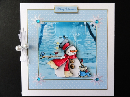 Snowman and friend dog 7x7 card with decoupage by Valerie Spowart