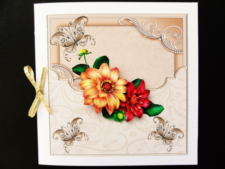 Dahlia and butterfly 7x7 card with decoupage and sentiment tags by Valerie Spowart