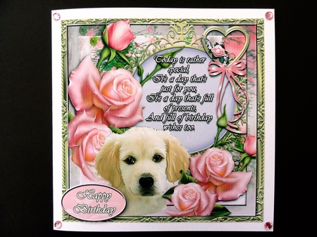 Beautiful Rose & Puppy Verse Card Front - Happy Birthday by Valerie Spowart