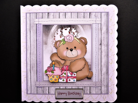 Baby girl bear 1st birthday 7x7 card with decoupage and sentiment tags by Valerie Spowart