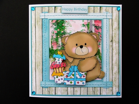 baby boy bear 1st birthday 7x7 card with decoupage by Valerie Spowart