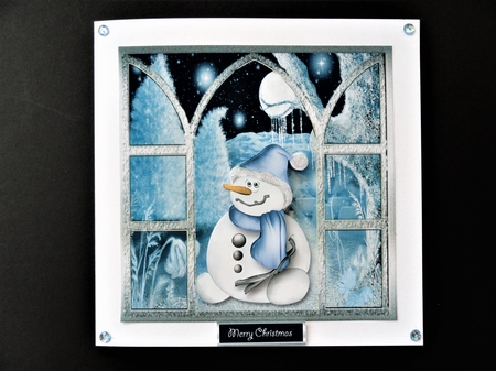 Snowman in the moonlight 7x7 card with decoupage by Valerie Spowart