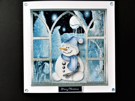 Snowman in the moonlight 7x7 card with decoupage by Valerie Spowart