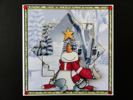 snowman looks at the star 7x7 card with decoupage by Valerie Spowart