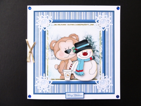 Snowman and bear friend 7x7 card with decoupage and sentiment tags by Valerie Spowart
