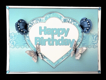 Happy Birthday in heart aqua by Valerie Spowart
