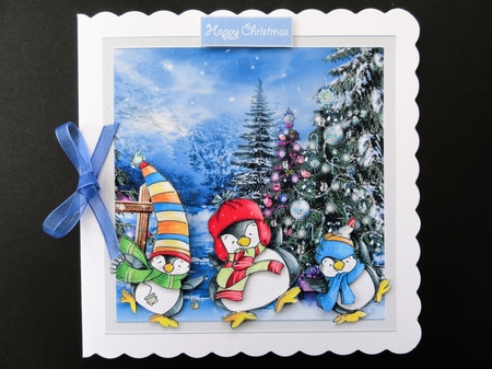Dancing trio penguins 7x7 card with decoupage and sentiment tags by Valerie Spowart