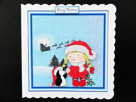 Hollies penguin kiss 7x7 card with decoupage and sentiment tags by Valerie Spowart