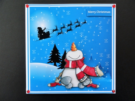snowman watching Santa fly 7x7 card by Valerie Spowart