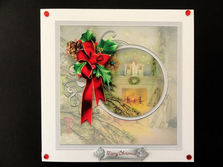 Christmas day 7x7 card with decoupage and sentiment tags by Valerie Spowart