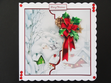 Vintage Christmas village 7x7 card with decoupage by Valerie Spowart