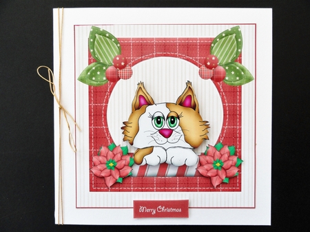 Peeping Christmas kitten 7x7 card with decoupage by Valerie Spowart