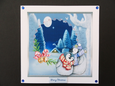 Penguin snuggles 7x7 card with decoupage by Valerie Spowart