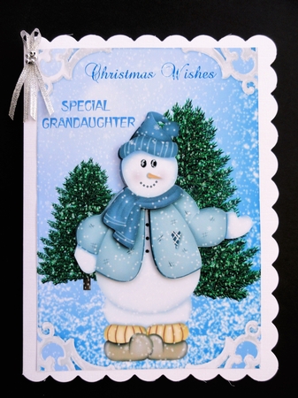 Christmas card for Special Grandaughter with snowman decoupage by Valerie Spowart