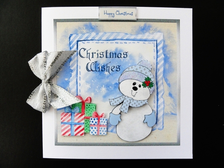 Presents for a snowman is a 7x7 card with decoupage by Valerie Spowart