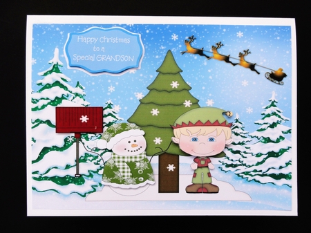 Christmas card with snowman and elf with choice of sentiments by Valerie Spowart
