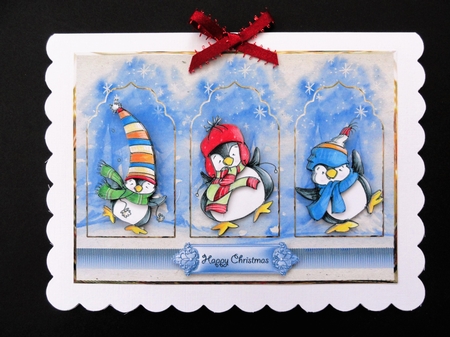 Dancing penguins  panel card with decoupage and sentiment tags by Valerie Spowart