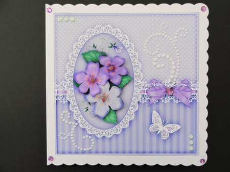 8x8 A Touch of Elegance Pretty Violas, Pearls and Lace Quick card front with 3D decoupage by Valerie Spowart