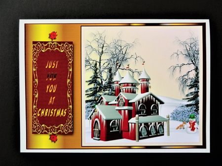 Red and gold Christmas house card front. by Valerie Spowart