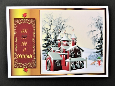 Red and gold Christmas house card front. by Valerie Spowart