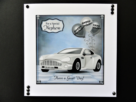 Birthday card with sports car decoupage , balloons and choice of family sentiments by Valerie Spowart
