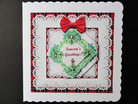 Holly & Ivy Robin Wreath Red Tartan Pearls & Lace Quick Card by Valerie Spowart