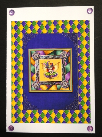 Harlequin Mardi Gras Pattern with Purple Framed Tag - A4 Size Background by Valerie Spowart