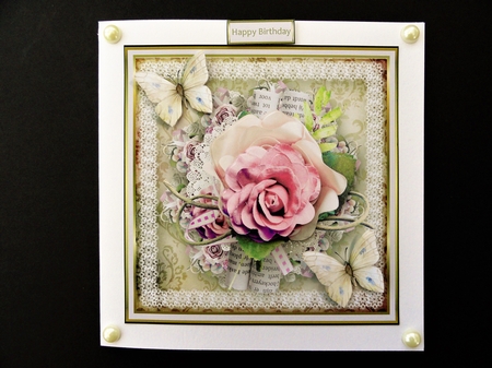 Pink rose, butterfly and lace by Valerie Spowart