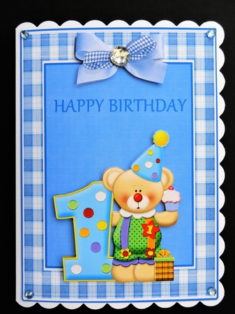 Boy Happy 1st birthday card topper with bear and bow decoupage by Valerie Spowart
