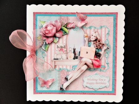 MORNING GIRL & LAPTOP 8x8 Female Birthday Decoupage & Insert Mini Kit by Valerie Spowart