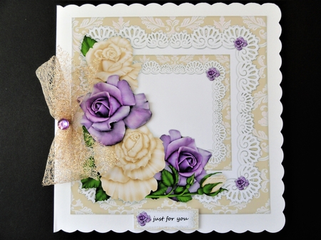 Yvory & Purple heritage roses in lace frame Card topper by Valerie Spowart