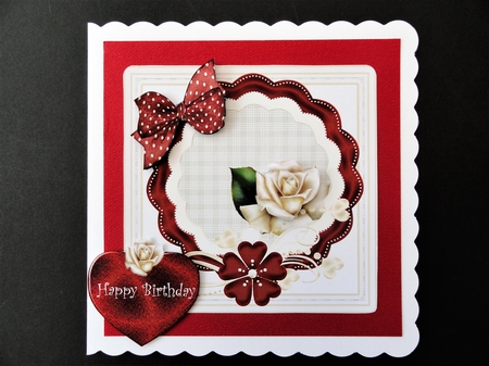 hearts red cream ladies card ,featuring gold roses,red and white hearts by Valerie Spowart