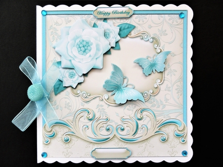 Turqoise Butterflies And Flowers Large Card Front by Valerie Spowart