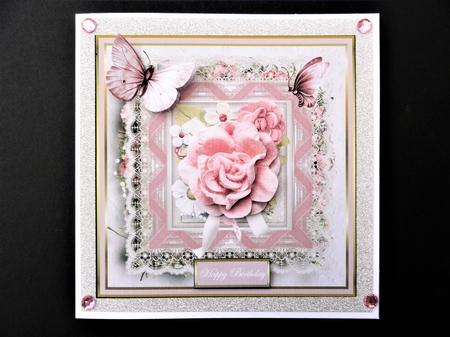 Pink rose and butterfly with lace by Valerie Spowart