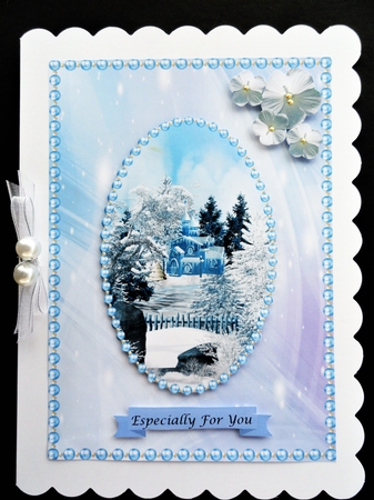 Winter house scene in pearl frame with flowers by Valerie Spowart